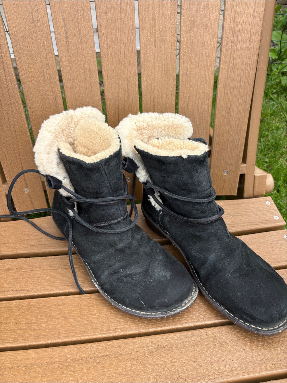 UGG Black Suede Shearling Cuff Lace-Up Ankle Boots